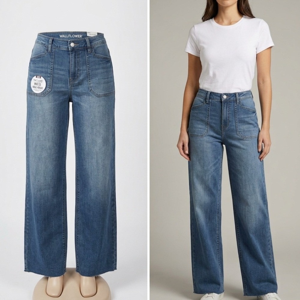 Wallflower Wide Leg Jeans Womens 7/28 Blue Fearless Curvy Super High Rise Patch